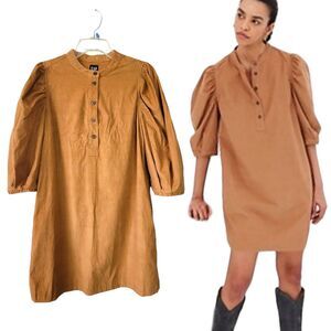 Gap Mini Dress Womens Small Brown Puff Sleeve Corduroy Button Up NEW